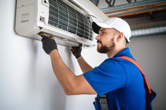 HVAC technician installing a mini split air conditioner in Sun City