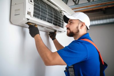 360_F_621046421_Vcay4nYa8ozdeodOQVDfES6MRrC6N3b8 Air conditioning technician servicing a wall-mounted AC unit in Sun City, AZ